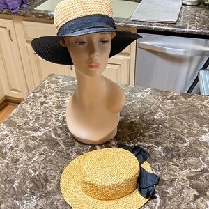 Elegant Straw Sun Hats with Black Ribbon bundle of 2 Fedoria